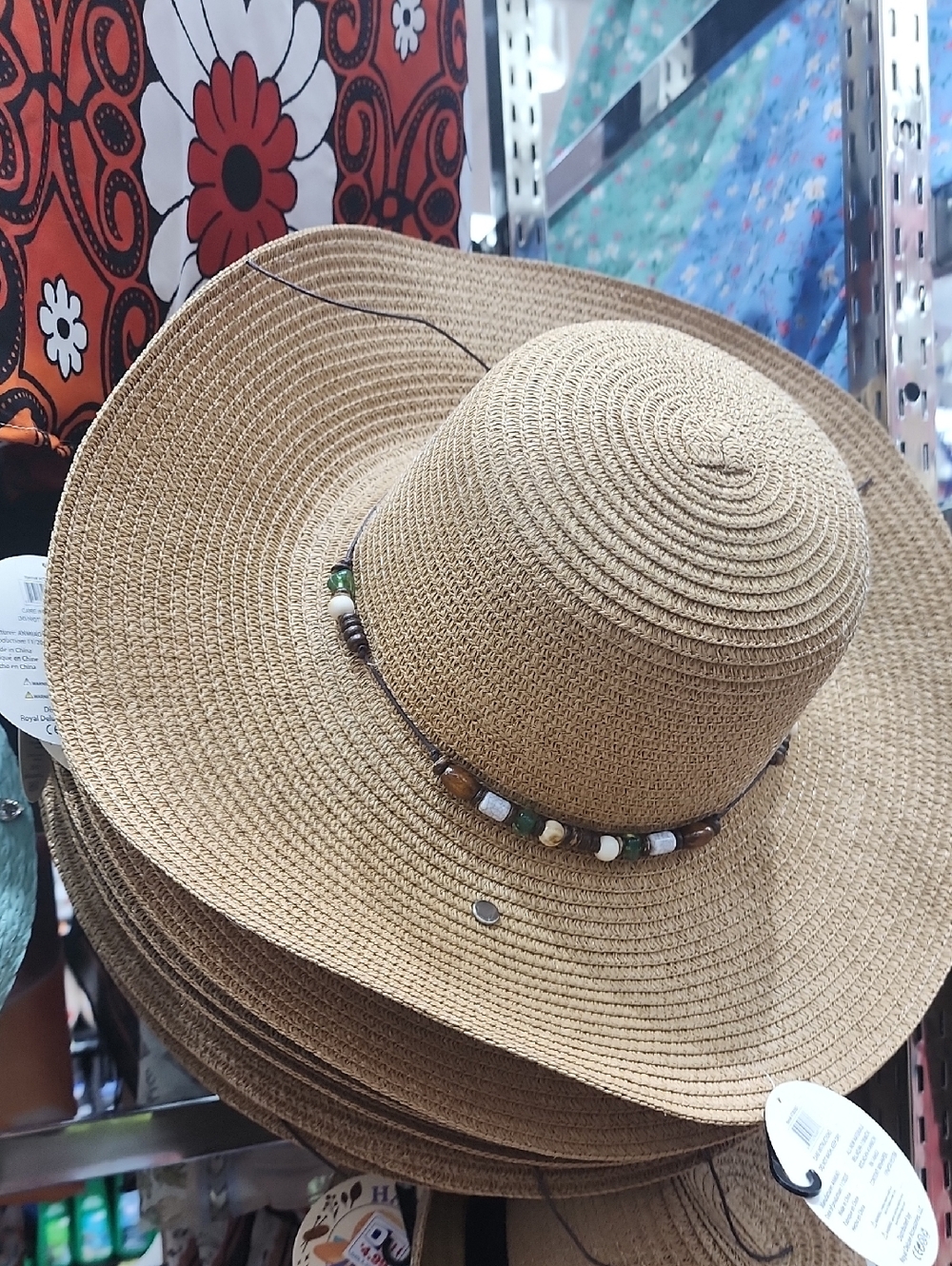 Wide Brim Straw Sun Hat with Beaded Band - Tan